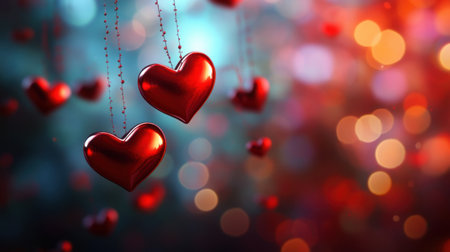 Charming red hearts hang gracefully against a captivating bokeh backdrop, evoking feelings of love and warmth. Perfect for romance-themed projects.の素材