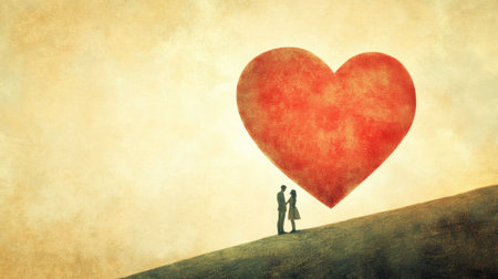 A romantic silhouette of a couple sharing an intimate moment with a large heart above them, set against a dreamy sunset backdrop conveying love and connection.の素材