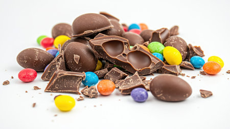 A vibrant assortment of chocolate treats including broken eggs and colorful candies scattered on a clean white background, perfect for festive celebrations.の素材