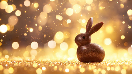 A charming bunny figurine sparkles against a golden backdrop filled with shimmering light. Ideal for festive themes, celebrations, and seasonal decor.の素材