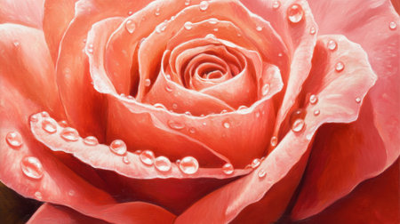 A stunning close-up view of a pink rose showcasing intricate petals adorned with glistening water droplets, perfect for capturing the essence of nature's beauty.の素材