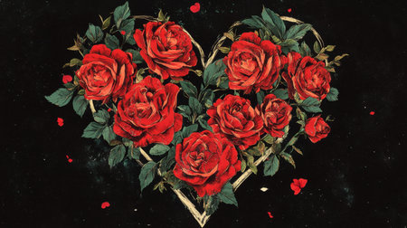 This artistic illustration showcases a heart shape filled with vibrant red roses against a dark background, symbolizing love and beauty. Perfect for romantic themes.の素材