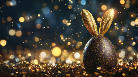 A stunning golden Easter egg with glittery bunny ears surrounded by sparkling lights creates a festive and joyful atmosphere perfect for spring celebrations.の素材