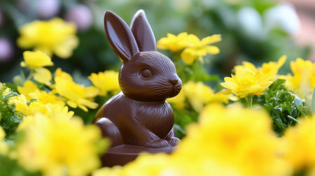 A delightful brown chocolate bunny sits among vibrant yellow flowers, creating a charming spring scene perfect for seasonal celebrations and festive decorations.の素材