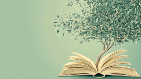 A symbolic image of an open book with tree branches and green leaves extending outward on a tranquil green backdrop.の素材