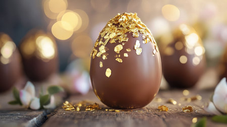 This image showcases an elegant chocolate egg adorned with gold flakes, beautifully set on a wooden surface. Perfect for festive celebrations.の素材