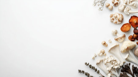An elegant assortment of adaptogenic mushrooms for natural stress relief, neatly displayed on white with plenty of copy space.の素材