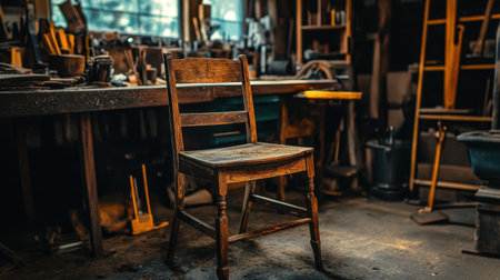 A rustic wooden chair stands alone in a vintage workshop filled with tools. The warm natural light highlights the aged wood, creating a cozy atmosphere. Perfect for home decor inspiration.の素材