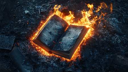 A symbolic image of destruction: a charred book with burning pages surrounded by glowing fire and embers, dramatic and intense.の素材