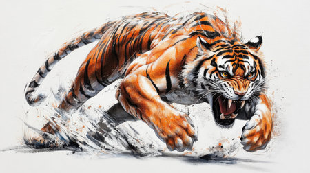 A fierce tiger with sharp, focused eyes and muscles flexed, stalking in a dramatic, dynamic pose on pure white.の素材