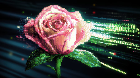 Beautiful 8-bit style rose flower in shades of pink and green, surrounded by a retro gaming-inspired aesthetic.の素材