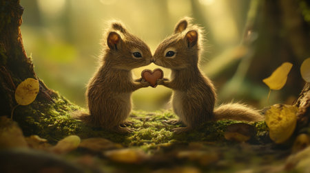 Two adorable squirrels share a tender moment in a magical forest, holding a heart between them, surrounded by lush foliage and soft light.の素材