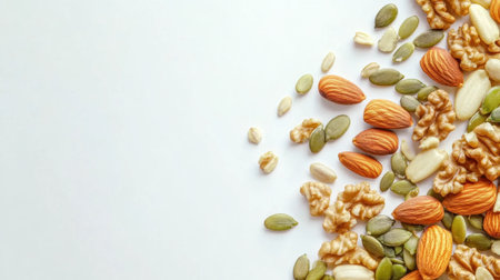 A flat-lay photo of walnuts, pumpkin seeds, almonds, and sunflower seeds, scattered artistically with copy space on white.の素材