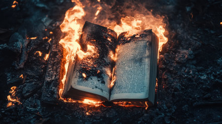A symbolic image of destruction: a charred book with burning pages surrounded by glowing fire and embers, dramatic and intense.の素材