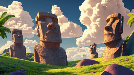 A playful cartoon version of Easter Island moai statues, surrounded by bright skies and lush green island landscapes.の素材