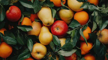 A vivid close-up of fresh fruits like apples, pears, and oranges, highlighting their vibrant colors and smooth skin textures.の素材