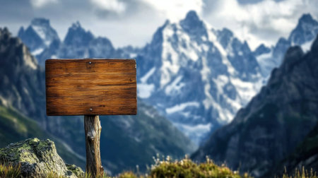 A wooden hiking sign with majestic snow-capped mountain peaks in the background, perfect for exploring nature's beauty.の素材