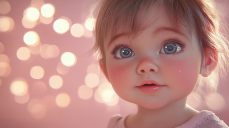 A toddler with big teary eyes and an adorable pout, against a soft pink setting, embodying irresistible cuteness.の素材
