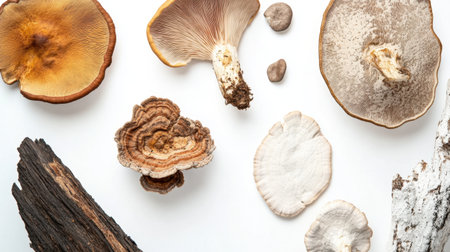 Assorted adaptogenic mushrooms on a clean white background with reishi, chaga, and lion's mane, showing their natural textures.の素材
