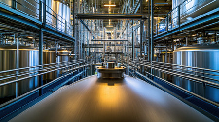 Frontal view of a pristine production floor in a state-of-the-art facility, showcasing efficiency and innovation.の素材