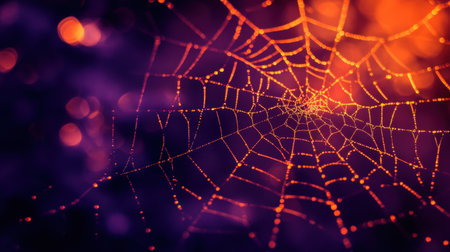 Ethereal orange light streaks over a dark purple canvas with spiderweb-like patterns, perfect for Halloween-themed visuals.の素材
