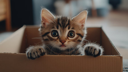 Close-up of a curious and excited kitten having fun in a cardboard box, paws in motion and playful expression.の素材