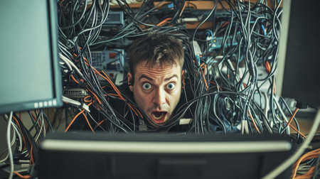 Close-up of an IT technician surrounded by a tangled mess of cables, staring in frustration at malfunctioning monitors and tech equipment.の素材