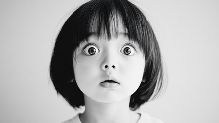 Asian child with wide, sparkling eyes in a moment of awe and curiosity, captured against a clean and minimalistic background.の素材