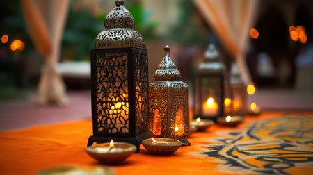Gilded lanterns and intricate rangoli patterns on a regal, saffron-colored backdrop creating the perfect Diwali celebration atmosphere.の素材
