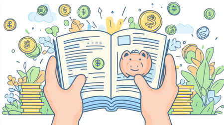Hands flipping through a personal finance guide, with a piggy bank and stacks of coins symbolizing growth and planning.の素材