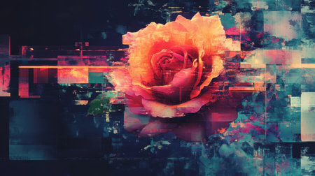Pixelated rose flower glowing against a gradient digital canvas, evoking nostalgia and innovation.の素材