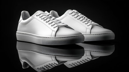 A clean pair of white sneakers displayed in sharp contrast against a stark black background.の素材