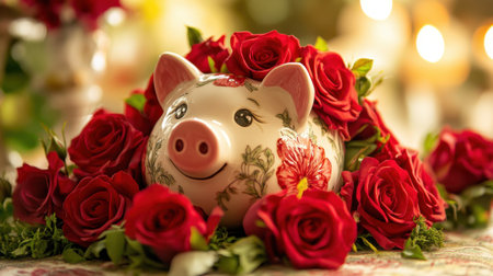Red roses encircling a cheerful piggy bank, creating a romantic yet practical scene for special occasions.の素材