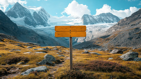 Serene mountain landscape with wooden hiking signs and snow-capped peaks, with ample copy space for outdoor adventure visuals.の素材