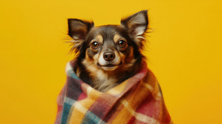 A cheerful dog wrapped in a plaid blanket, isolated on a vibrant yellow background.の素材