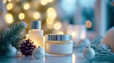 Skincare products and natural winter elements with a soft focus, conveying holiday beauty tips and skin nourishment.の素材