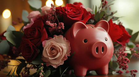 Heartwarming arrangement of a piggy bank and vibrant roses, blending financial wellness with Valentine's charm.の素材