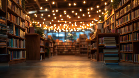 Warm bookstore interior with glowing string lights and blurred bookshelves in the background. Cozy and inviting.の素材