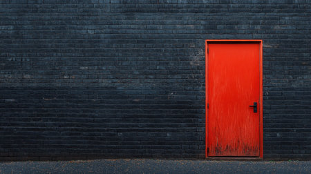 A bold, bright red door standing out on a dark charcoal brick wall, creating a dramatic contrast.の素材