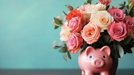 Heartwarming arrangement of a piggy bank and vibrant roses, blending financial wellness with Valentine's charm.の素材