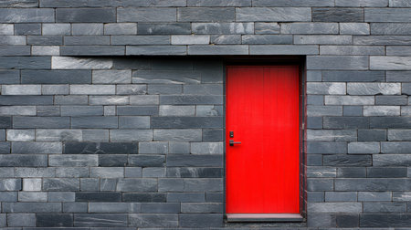 A close-up of a bright red door embedded in a sleek charcoal brick structure.の素材