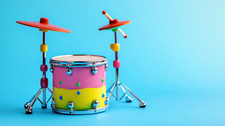 A cheerful toy drum set with bright colors, standing out against a pastel blue backdrop.の素材