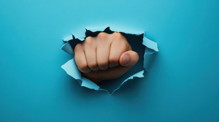 A clenched fist breaking through a blue paper wall, jagged edges framing the dramatic hole.の素材