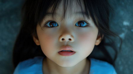 Wonderstruck Asian child with wide, amazed eyes staring in awe against a plain, soft, and minimal background with natural light.の素材