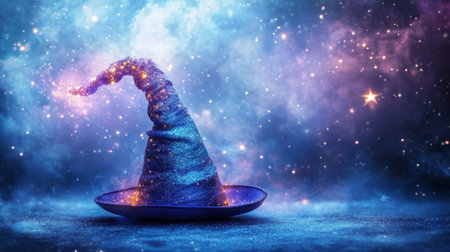 A classic magician hat with shimmering sparks and stars, evoking wonder against a midnight sky.の素材