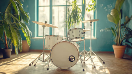 A bright room showcasing a simple drum set and stool, with no other distractions on a plain background.の素材