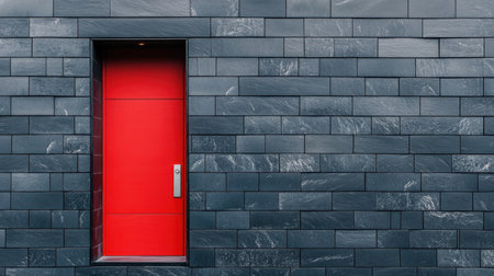 A close-up of a bright red door embedded in a sleek charcoal brick structure.の素材