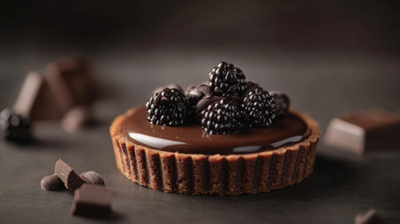 A chocolate tart with sharp, rich details, perfectly styled on a moody charcoal gray background.の素材
