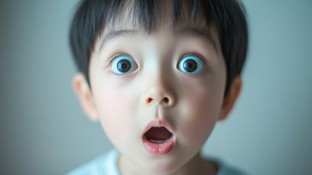 Wonderstruck Asian child with wide, amazed eyes staring in awe against a plain, soft, and minimal background with natural light.の素材
