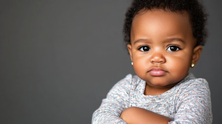 Sweet but sassy baby girl, arms crossed defiantly, her expression a mix of innocence and determination.の素材